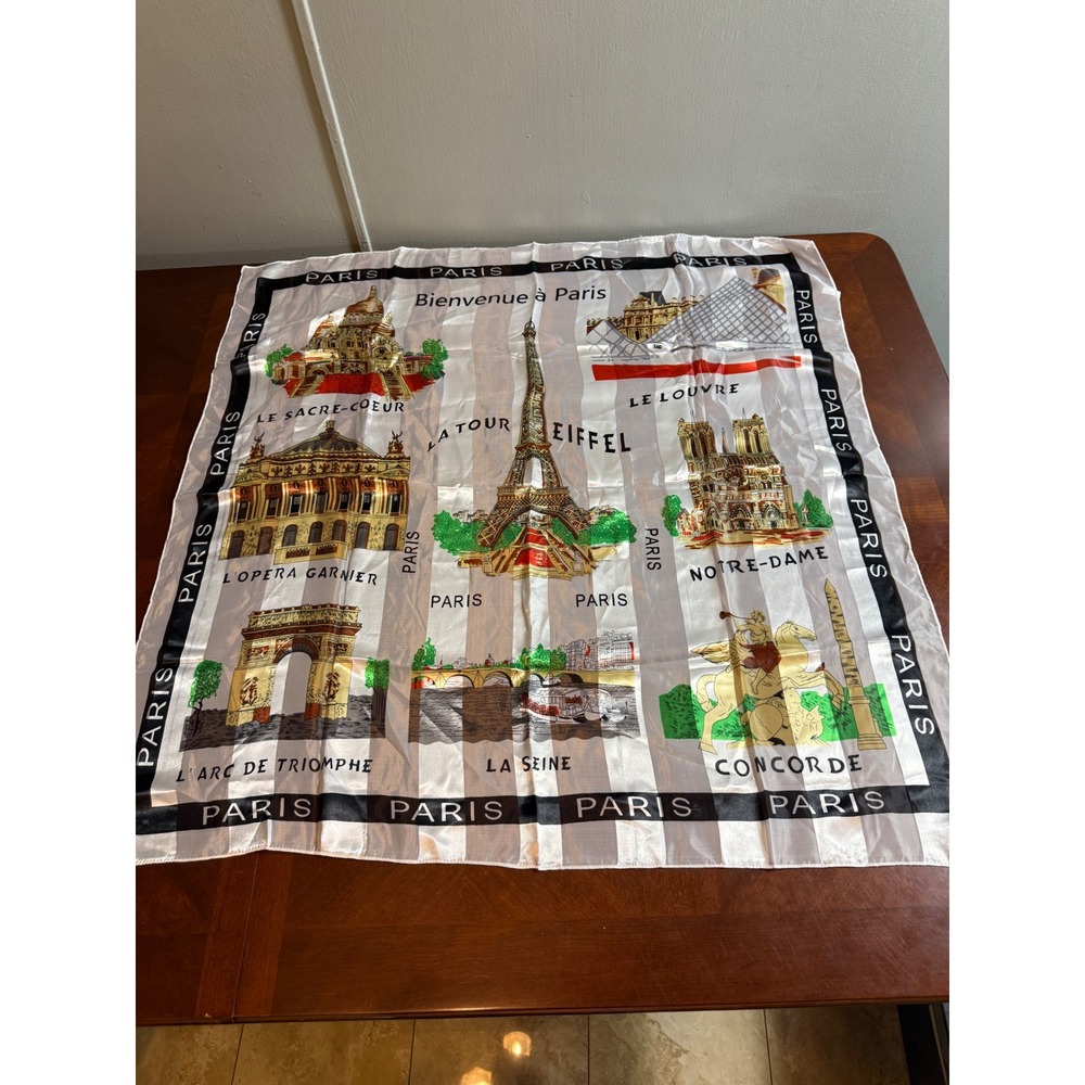 Vintage Paris Souvenir Scarf Eiffel Tower Notre Dame Landmark Print